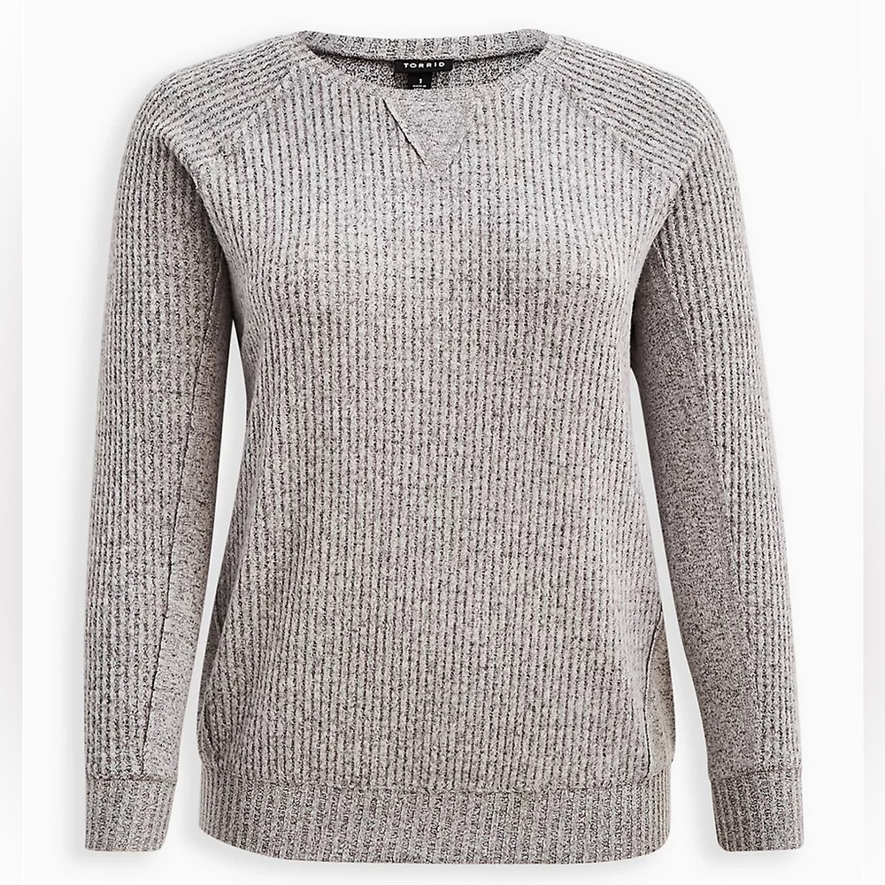 TORRID BRUSHED WAFFLE CREW NECK RAGLAN SWEATSHIRT HEATHER GREY SIZE 2